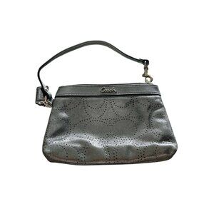 Coach Perforated Signature C Silver Metallic Glam Wristlet w Teal Satin Lining